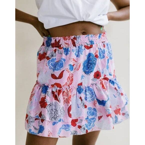 BB Dakota Steve Madden Skirt M Pink Blue Floral Tiered Ruffle First Class Mini - Picture 1 of 11